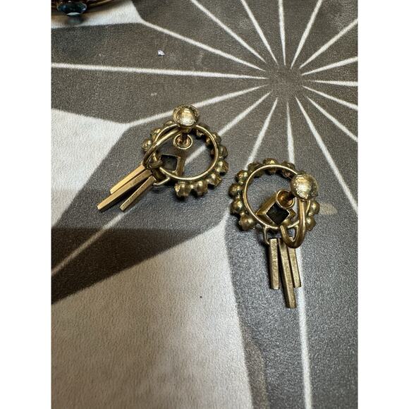 1960s M&S Rhinestone Jewelry Set Brooch Pendant Bracelet Earrings Gold Aqua - Picture 6 of 13